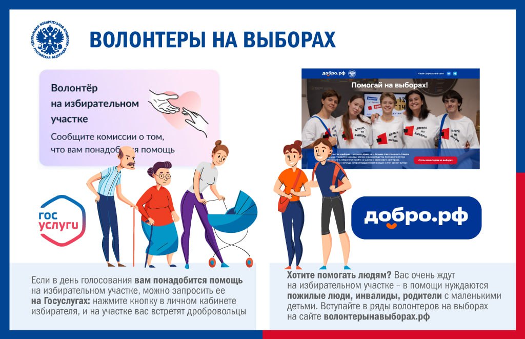 Два сервиса встретились чтобы встретились люди те что нуждаются в помощи и те кто готов ее оказать На сайте добро рф или на специальном сайте волонтерынавыборах рф можно записаться в ряды волонтеров и помогать на избирательных участках А сообщить о том что вам может потребоваться помощь можно на Госуслугах В ЕДГ2025 этот сервис доступен в 20 регионах