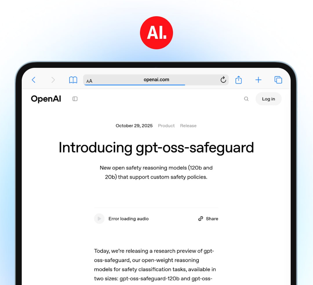 OpenAI выпустили две новые открытые модели для задач классификации безопасности gpt oss safeguard основаны на семействе gps oss имеют те же размеры 20B и 120B Нейросети предназначены для применения правил безопасности к контенту фильтрации или маркировки Например форум об играх может настроить бота который будет распознавать обсуждения о читах или онлайн магазин сможет выявлять поддельные отзывы   Веса выложены на Hugging Face
