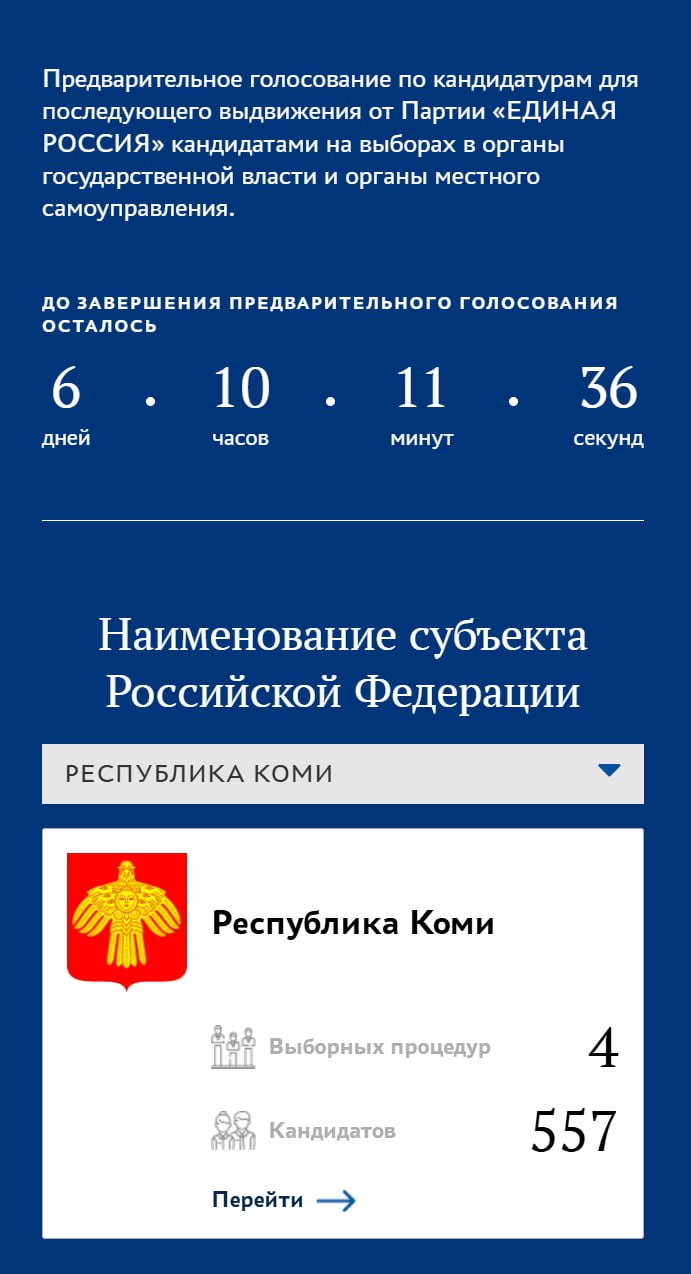 У "Единой России" в Коми стартовало предварительное голосование, по итогам которого партия определит кандидатов на выборах 14 сентября. В регионе в этот день пройдут выборы главы, депутатов Госсовета и муниципальных советов. На праймериз в Госсовет зарегистрированы 216 человек, в Совет Сыктывкара – 146 человек, Ухты – 125, Воркуты - 130 человек. В советы районов и сельских поселений на предварительное голосование заявились 831 человек. Проголосовать можно на сайте PG.ER.RU до 25 мая. Участие в голосовании смогут принять только избиратели с подтвержденным номером телефона, привязанным к "Госуслугам".