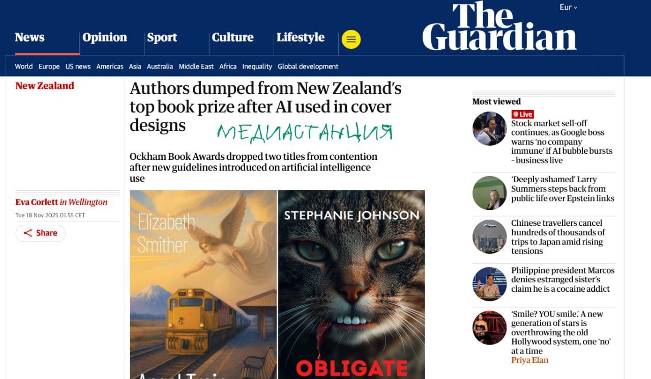 В Новой Зеландии двух писателей дисквалифицировали на главной литературной премии страны за использование на обложках изображений созданных искусственным интеллектом В жюри премии Jann Medlicott Acorn Prize требуют чтобы все элементы книги были результатом исключительно человеческого труда Судьи оказались непреклонны заявив что технология подрывает ценность искусства и интеллектуальной собственности Интересно сколько еще эта премия продержится mediastanciacom