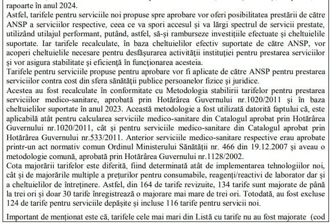 ‼ Министерство здравоохранения Молдовы предлагает повысить цены на медицинские услуги в связи с ростом цен на товары и услуги, используемые в медицинской сфере.   Также повышение цен обусловлено внедрением новых технологий и увеличением расходов на эксплуатацию.   Из 164 пересмотренных тарифов 134 увеличиваются до трёх раз, 30 — более чем в три раза. Также были исключены 124 тарифа на устаревшие услуги и включены 116 тарифов на новые услуги. При этом самые высокие тарифы не увеличились, за исключением услуги по коду 220, цена на которую повышена с 3 654 до 9 252 леев.