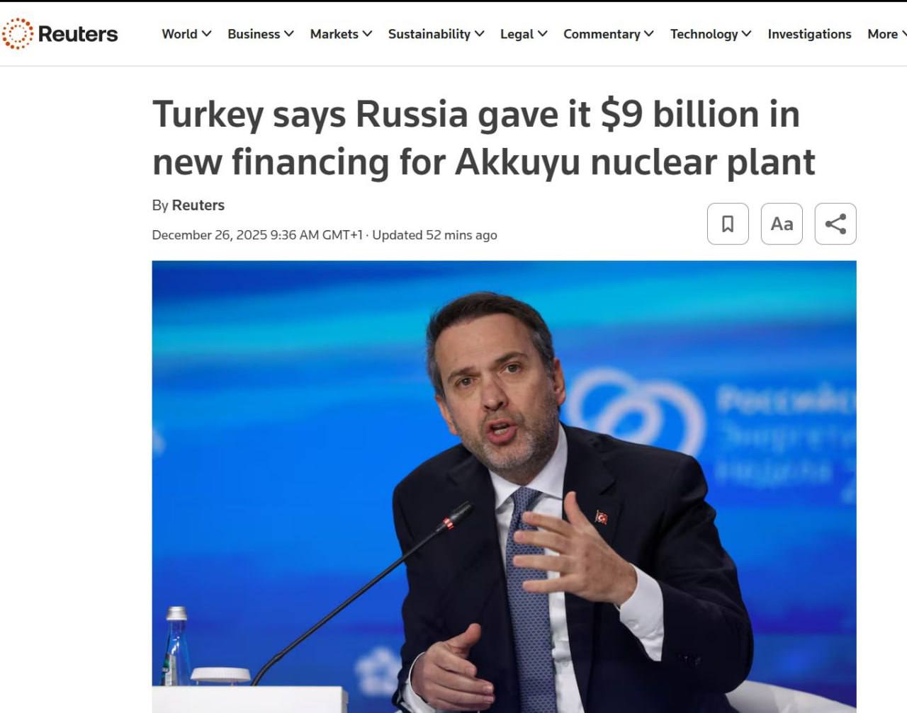МОСКВА ПРЕДОСТАВИЛА АНКАРЕ 9 МЛРД НА СТРОИТЕЛЬСТВО АЭС АККУЮ Россия предоставила Турции дополнительные 9 млрд на строительство первой турецкой АЭС Аккую которую возводит госкорпорация Росатом Об этом сообщил глава Минэнерго республики Алпарслан Байрактар Эти средства скорее всего будут использованы в 2026 2027 годах В 2026 году из этого объема в виде иностранного финансирования поступит не менее 4 5 миллиардов долларов приводит слова министра агентство Reuters