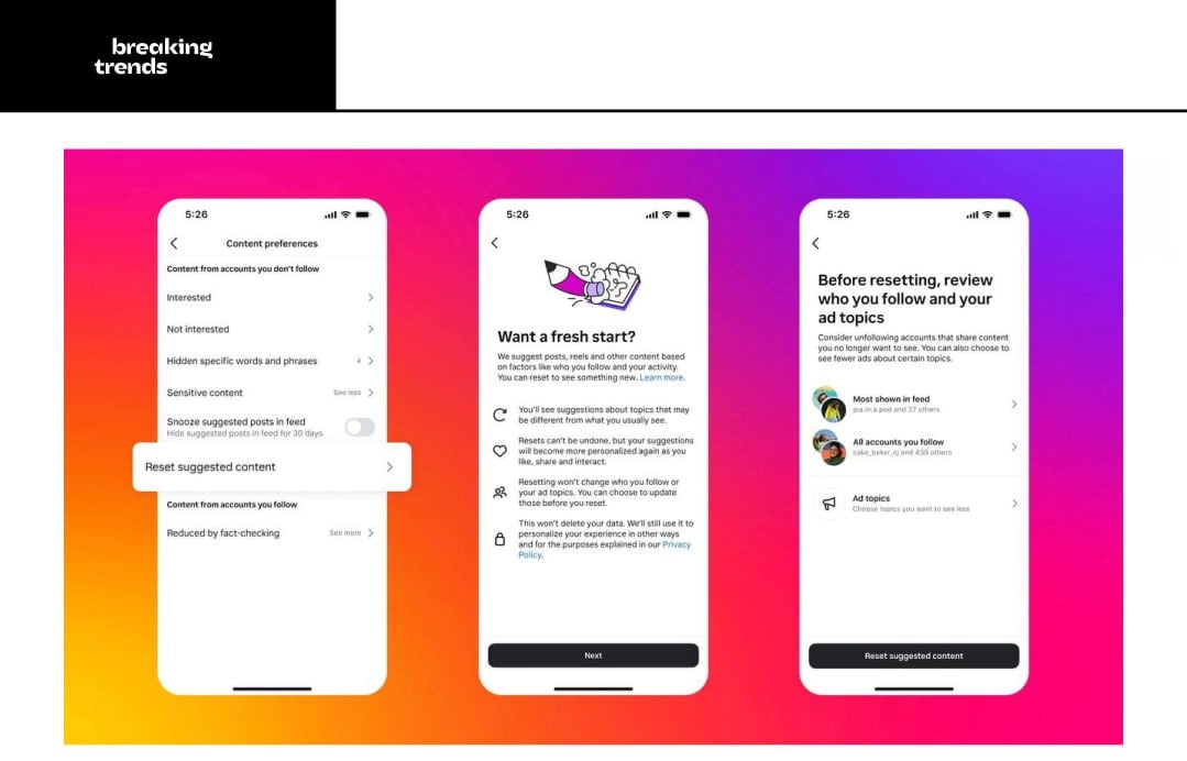 Instagram  тестирует возможность сброса рекомендательной ленты. Фактически, это инструмент, который позволяет очистить всю информацию о вас, чтобы изменить ваши рекомендации.  При этом платформа продолжит хранить информацию о вас, чтобы выдавать таргетированную рекламу, сколько бы раз вы не обновляли свою ленту. Вернуть изменения в случае очистки «памяти» не получится.   Эксперты говорят, что Instagram  вынужден добавить эту функцию, чтобы повысить безопасность для подростков.    Breaking Trends   принадлежит Meta, деятельность которой признана в России экстремистской и запрещена.