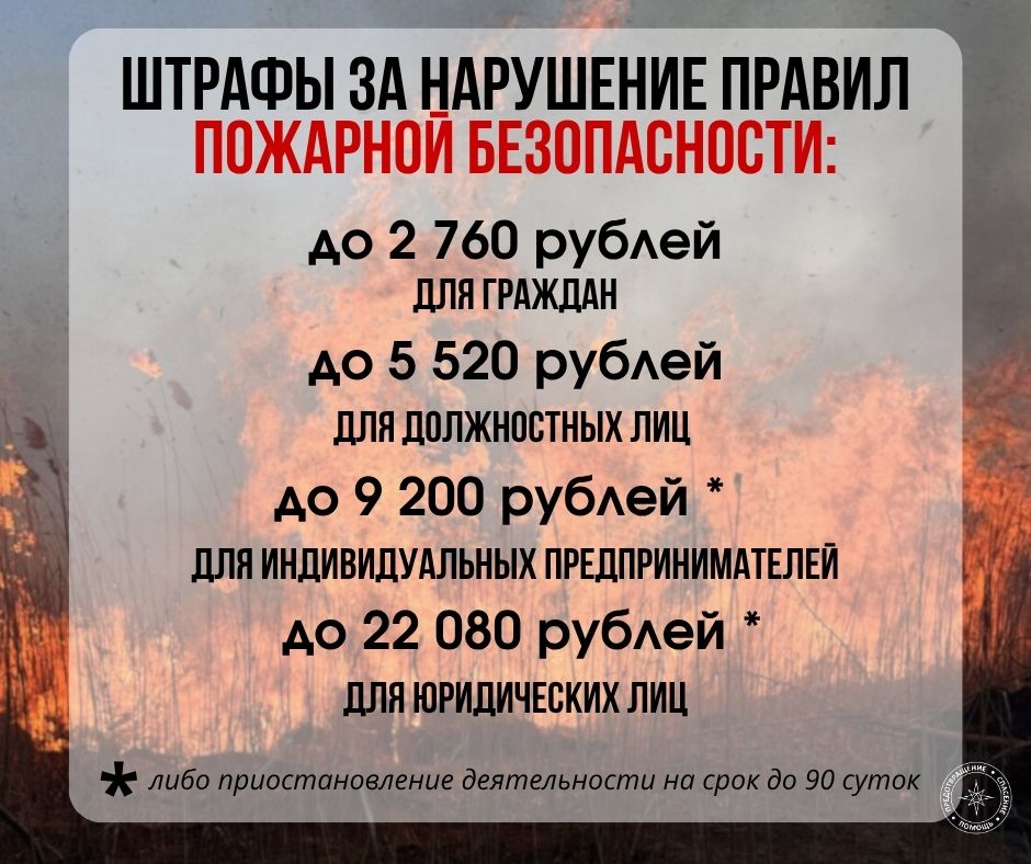 Какие штрафы грозят за нарушение особого противопожарного режима? Помимо соблюдения норм пожарной безопасности и запретов, действующих в период особого режима, жители, аграрии и предприниматели должны следить за своими участками, полями и территориями. Их нужно очистить от сухой травы, валежника, мусора и других горючих материалов. В условиях особого режима размер административных штрафов, налагаемых за нарушение требований пожарной безопасности, увеличивается. Пресс-служба ГУпЧС МВД ПМР