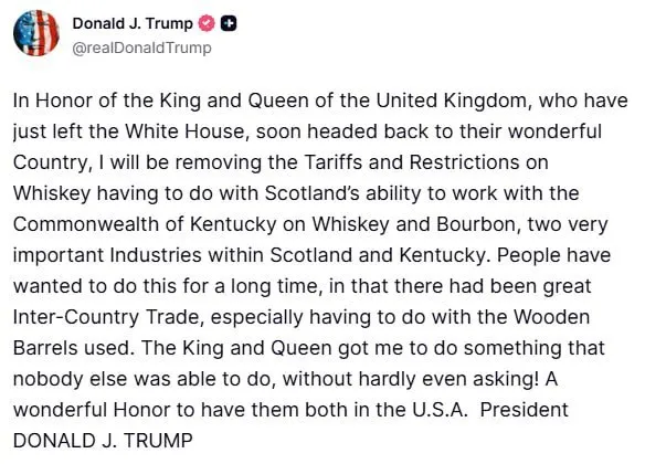 Президент США Дональд Трамп отменит пошлины на шотландский виски Об этом он написал в соцсети Truth Social отметив что сделает это в честь короля и королевы Британии которые сегодня заканчивают визит в США Король и Королева заставили меня сделать то что никому другому не удавалось даже почти не прося об этом Большая честь принимать их обоих в США Подписывайтесь на Ъ в Telegram в MAX Оставляйте бусты