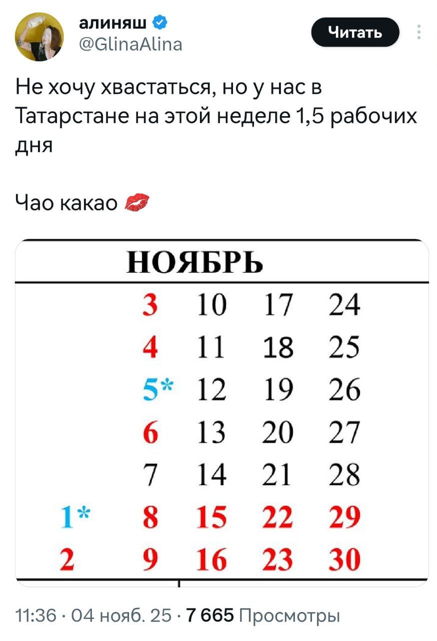 Татары изобрели ОДНОДНЕВКУ в Татарстане 6 ноября празднуют День конституции а 5 ноября в республике сокращённый день Кто куда а мы в Татарстан PushEnter