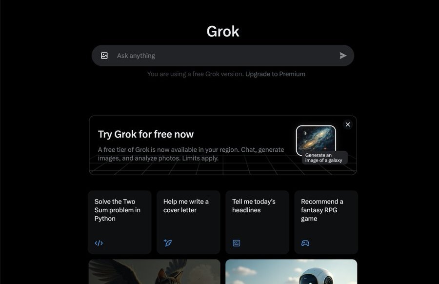 Соцсеть X тестирует бесплатную версию чат-бота Grok!  Ранее доступ к ИИ чат-боту Grok, от xAI Илона Маска, был только для платных пользователей X. Теперь платформа начинает тестирование бесплатной версии в Новой Зеландии.      Основные моменты:    Ограничения: Бесплатные пользователи могут отправлять 10 запросов каждые два часа с моделью Grok-2, 20 запросов с Grok-2 mini и три запроса на анализ изображений в день.    Условия: Аккаунт должен быть активным не менее семи дней и иметь привязанный номер телефона.  Grok-2, выпущенный в августе, добавил функции генерации и распознавания изображений. Эти возможности ранее были только для подписчиков Premium.  Расширяя доступ к Grok, xAI, стремится увеличить аудиторию и собрать обратную связь для улучшения продукта, чтобы конкурировать с ChatGPT, Claude и Gemini.     А мы напоминаем всем, что в наших чатах GPT на сайте gpt-chatbot.ru или в телеграм-боте GPT-4 все модели ChatGPT, Claude и Gemini бесплатны и абсолютно безлимитны, включая новую модель OpenAI o1.