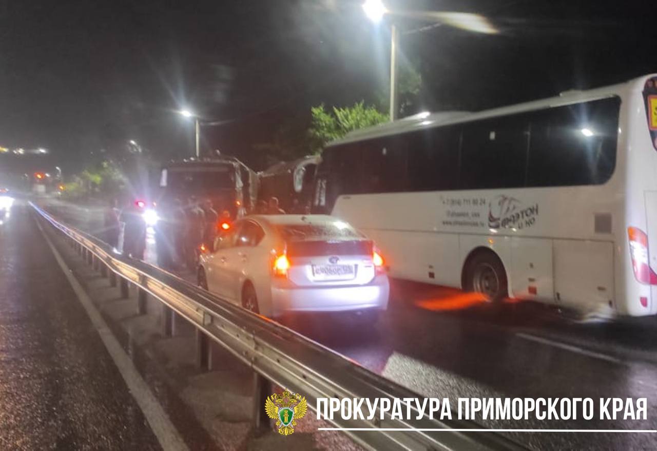 Прокуратура контролирует проверку по факту ДТП с участием пассажирского автобуса в Надеждинском районе   Предварительно установлено, что в ночное время 30 июня 2025 года на федеральной трассе «Хабаровск — Владивосток» в районе села Вольно-Надеждинское произошло ДТП с участием пассажирского автобуса.  В момент аварии в автобусе пассажиров не было, водитель не пострадал.  Прокуратура взяла на контроль проверку по факту происшествия.   По результатам проверки будет дана оценка законности итогового решения.