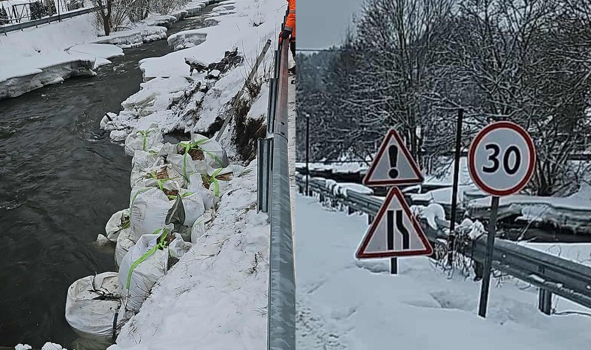Опасная ситуация в Вильнюсе вода размыла берег введены ограничения на дороге Муниципальная компания Grinda предупреждает жителей о том что вода реки подмыла берег была повреждена проезжая часть Введены ограничения движения В четверг дорожные рабочие обратились к жителям микрорайона Григишкес и сообщили о том что воды реки повредили берег движение по дороге небезопасно Вниманию жителей Григишкес из за скопления льда воды реки подмыли берег около дома номер 29 по ул Сантакос поэтому появилась угроза для пешеходов транспорта и самой дороги Мы локализовали аварийную ситуацию берег временно укреплен мешками с песком установлены временные знаки Они будут стоять до восстановления берега и окончания ремонта дороги сообщает в соцсети FB Grinda На фото видны не только мешки с песком но и временные знаки скорость ограничена до 30 км ч и сообщается о сужении проезжей части www delfi lt a 120211317