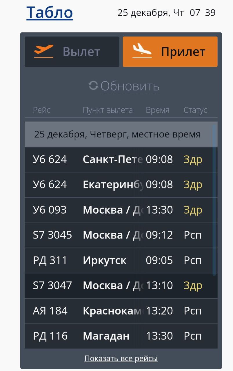 Задержки рейсов в аэропорту Читы Самолёт Уральских авиалиний из Москвы ожидается в 13 30 по расписанию он должен был прибыть в 8 05 Более двух часов составляет задержка рейса из Санкт Петербурга Екатеринбурга На час переносится прибытие рейса из Москвы авиакомпании S7