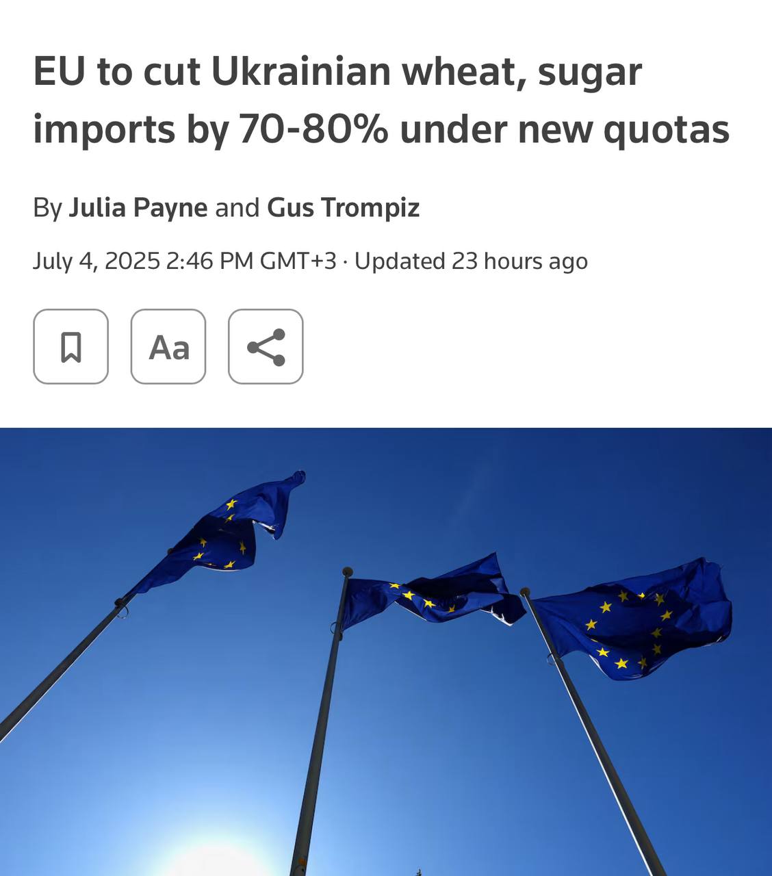 ЕС сократит импорт украинской пшеницы и сахара на 70–80%, — Reuters. По данным издания, новая квота ЕС на украинскую пшеницу составит 1,3 млн тонн в год — втрое меньше, чем в 2023/24. Поставки сахара ограничат 100 тыс. тонн вместо прежних 500 тыс. В Брюсселе объяснили меры давлением со стороны европейских фермеров. При этом в аграрной ассоциации Украины назвали квоты «шагом назад». Заря Новости - Подписаться