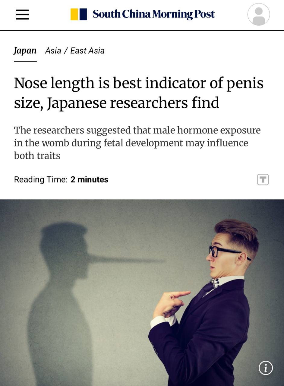 Длина члена зависит от размера НОСА официально доказали японские ученые Чем больше нос тем больше размер полового органа У носителей большого носа член в среднем на 3 см длиннее 10 4 против 13 5 см При том рост вес и возраст никак не влияют на размер члена Чем больше мужских гормонов получил плод еще в утробе тем больше будут член и нос Технотренды