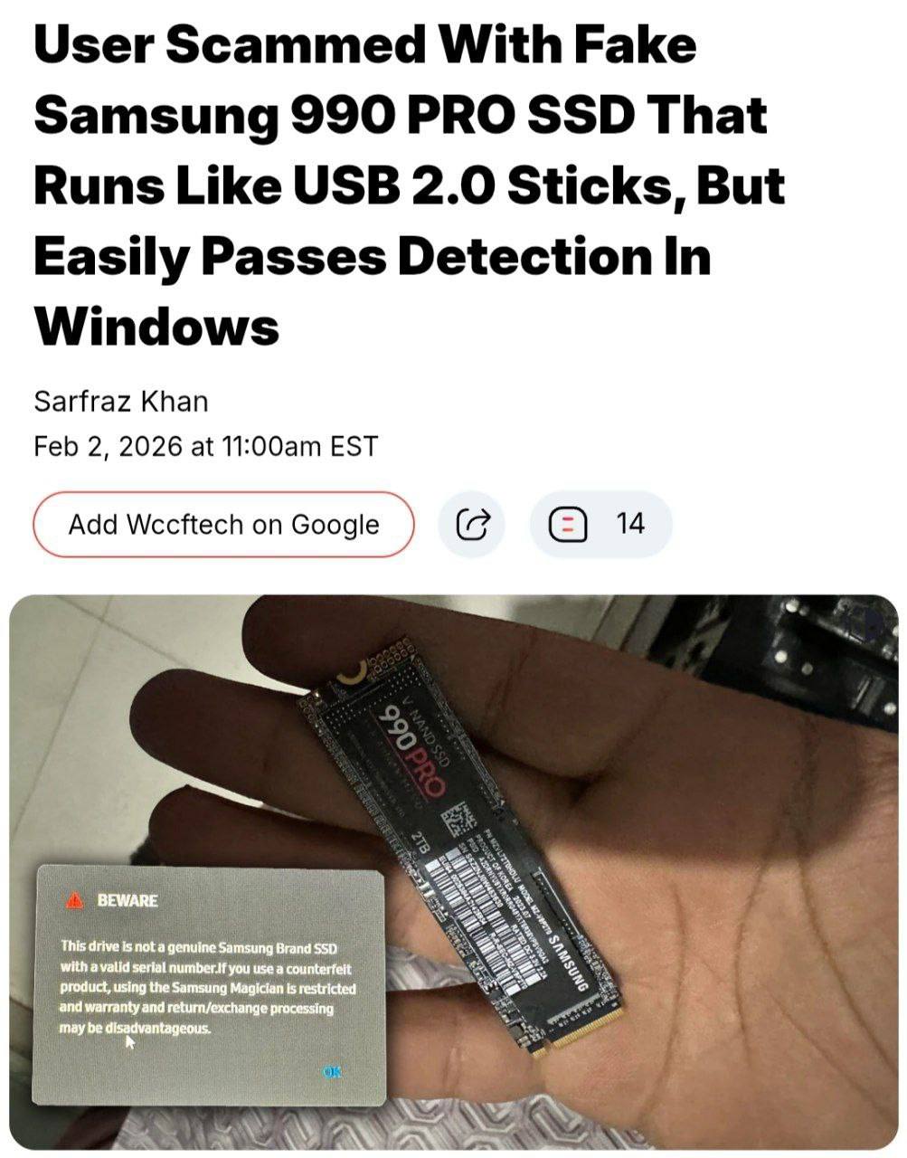 Мошенники начали скамить покупателей дорогих SSD пишут профильные СМИ Реддитор вместо быстрого SSD Samsung 990 PRO на 2 ТБ получил плашку со скоростью чтения 20 МБ с и записи 10 МБ с Это почти как USB 2 0 Самое страшное что фейковые SSD определяются системой как оригинальные Ждём через некоторое время схему в России investingcorp