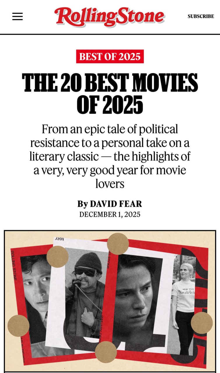 Топ 20 фильмов 2025 года по версии Rolling Stone Известный журнал о поп культуре представил свой рейтинг лучших фильмов Первое место завоевала драма Битва за битвой с Леонардо ДиКаприо а завершает список популярный детектив Орудия Полный список 1 Битва за битвой 2 Хэмнет 3 Чёрный чемодан двойная игра 4 Сны поездов 5 Новая волна 6 Простая случайность 7 Метод исключения 8 Прости детка 9 Марти Великолепный 10 Сентиментальная ценность 11 День Питера Худжара 12 Эддингтон 13 Универсальный язык 14 Всем счастья 15 Оруэлл 2 2 5 16 Как стать цесаркой 17 Финикийская схема 18 Поколение романтиков 19 Франкенштейн 20 Орудия Идеальный выбор для кинопоклонников TechGPTNews