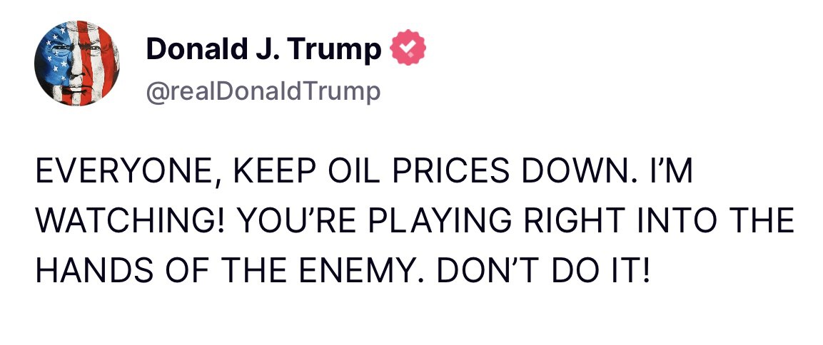 Дональд Трамп призвал не допускать роста цен на нефть. «Всем — не допускайте роста цен на нефть. Я слежу! Вы играете на руку врагу. Не делайте этого!», написал президент США в Truth Social.