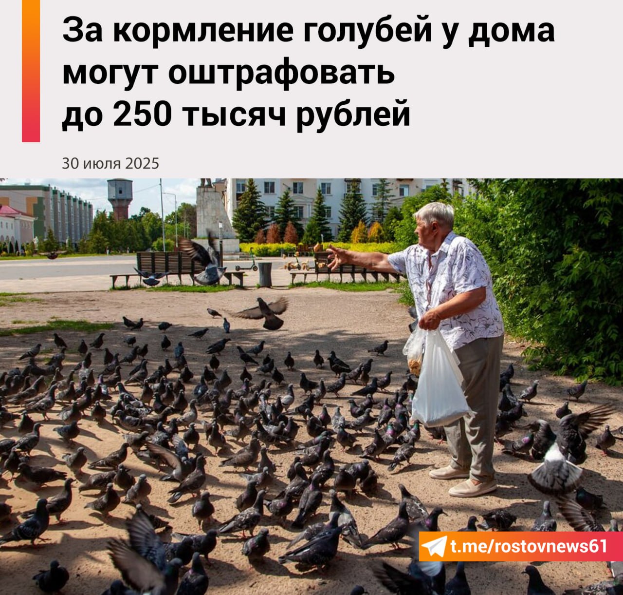 Зампред комитета Госдумы по ЖКХ Сергей Колунов заявил, что кормление птиц рядом с жилыми домами, а также в случае создания рядом с объектами санитарно-эпидемиологических угроз грозит штрафами. То есть, взыскание гражданину придет не за то, что он подкармливает голубей, воробьев и других крылатых, а за то, что разводит грязь рядом с домом. «За кормление голубей и других птиц в жилых зонах может грозить ответственность по статье 8.2 КоАП РФ Несоблюдение требований в области охраны окружающей среды при обращении с отходами производства и потребления , такая судебная практика есть», - рассказывает спикер. Так, за создание подобной зоны гражданам грозит штраф в размере от 2 000 до 3 000 рублей, должностным лицам - от 10 000 до 30 000, юридическим - от 100 000 до 250 000. Подписаться на "Новости Ростова" Прислать новость