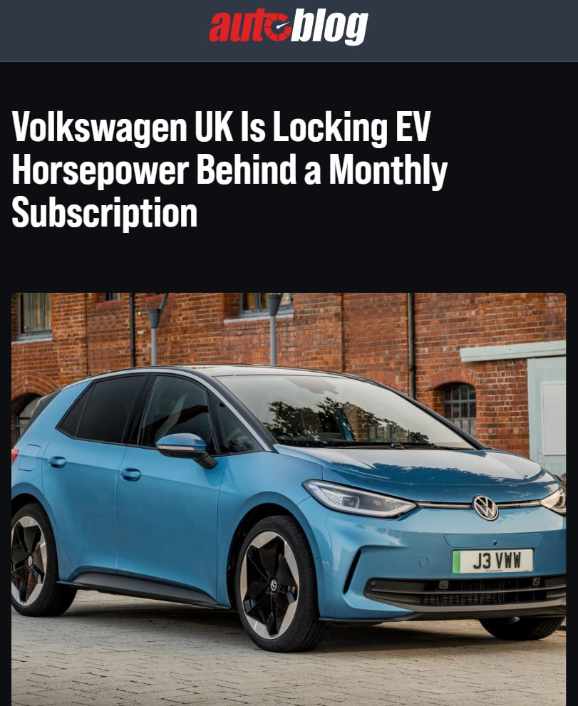 В электрокаре от Volkswagen появится ПОДПИСКА на мощность  Базово ID.3 Pro будет иметь 201 лошадиную силу, но если платить по £16,5  ~ 1800 рублей  в месяц, то вам накинут сверху еще 27 л.с. Если подписочная система покупателя на устраивает, то мощность можно приобрести навсегда разовым платежом — £649  ~71.600 рублей   Netflix moment.