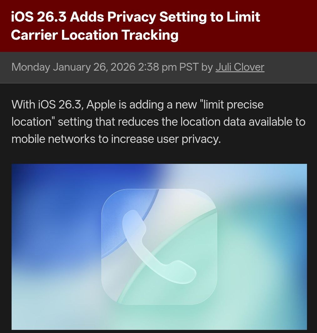 В iOS 26 3 появится защита от слежки операторов Обновление позволит скрывать точное местоположение от компаний вместо адреса они будут видеть лишь ваш район Функция работает только на устройствах с модемом Apple iPhone 16e Air iPad Pro M5 и пока лишь у некоторых зарубежных операторов Единственная причина купить iPhone Air techmedia