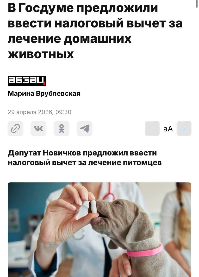В Госдуме предложили ввести налоговый вычет на лечение домашних животных Это должно помочь россиянам оптимизировать семейный бюджет
