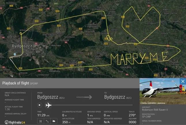 Парень сделал предложение возлюбленной с помощью рисунка вертолетом  Александр и Оливия поднялись на борт, и судно начало летать по необычному маршруту над Польшей, вырисовывая картину. Об этом знали только сам молодой человек и пилот.   Спустя 15 минут капитан подал Александру сигнал, и тот попросил свою возлюбленную посмотреть на карту отслеживания перемещений.  Оливия взглянула на экран и увидела слова — «Выходи за меня». Девушка согласилась.  Travelgram