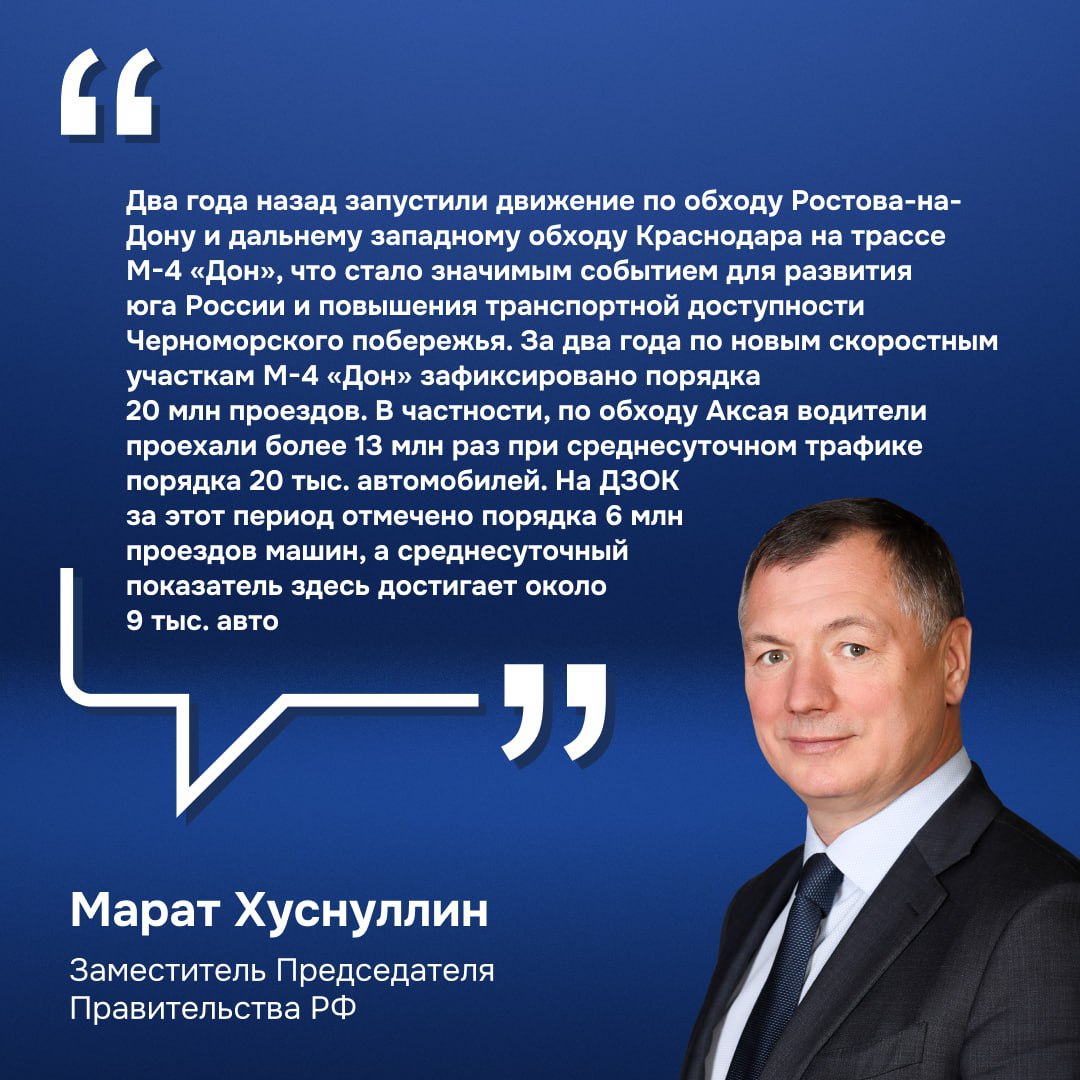 «Создание комфортных и безопасных условий для поездок граждан — важная задача стройкомплекса России. Дорожные обходы, которые строим по поручению Президента, позволяют не только разгрузить центры населенных пунктов, но и удобнее, быстрее доставлять грузы, а также добираться автопутешественникам до нужных мест!» Об этом сообщил вице-премьер России Марат Хуснуллин. Он отметил, что два года назад были открыты два ключевых участка трассы М-4 «Дон»: обход Аксая и дальний западный обход Краснодара. А чтобы поездки были комфортнее, в этом году на ДЗОК открылись две новые многофункциональные зоны сервиса. Особенно это важно летом, когда трафик на трассе возрастает в 3-4 раза. В разгар сезона по трассе может проезжать больше полумиллиона машин в месяц. По словам главы «Автодора» Вячеслава Петушенко, в августе 2024 обход Аксая установил рекорд — 1,4 млн проездов за месяц. Развитие транспортной инфраструктуры — это не только удобство для водителей, разгрузка городов, быстрые и безопасные поездки, но и поддержка бизнеса и туризма. -то на Ростовском