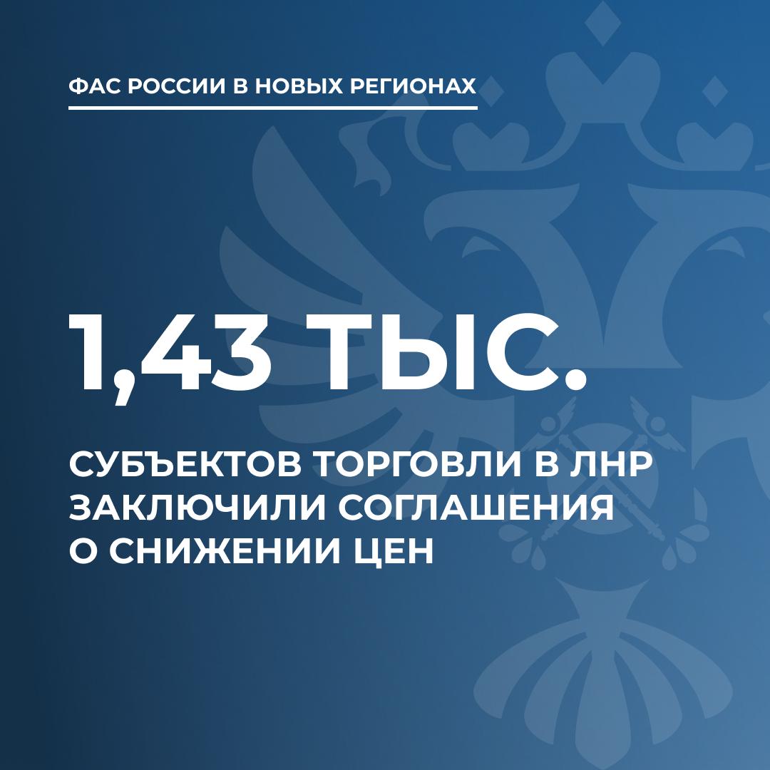 Более 1,43 тысяч хозяйствующих субъектов ЛНР подписали соглашение о добровольном ограничении торговой наценки  Об этом сообщили в пресс-службе ФАС России.  В их числе 23 аптеки и аптечной сети, 1,4 тысяч магазинов и розничных сетей, а также товаропроизводители и оптовые поставщики.  Всего на Донбассе и в Новороссии соглашения о добровольном ограничении цен заключено с 6,3 тысячами хозяйствующими субъектами, доля ЛНР от общего количества составляет около 20%. Так, с начала года жители смогли сэкономить 8,47 млрд рублей.  «Помимо добровольного ограничения цен, ФАС России принимает непосредственное участие в налаживании прямых поставок потребительских товаров в новые регионы, мероприятиях по сокращению товаропроводящих цепочек для снижения совокупной наценки. Кроме того, проводится постоянный анализ цен и мониторинг ценовой и физической доступности товаров населению, в том числе на базе социологических исследований», – говорится в сообщении.