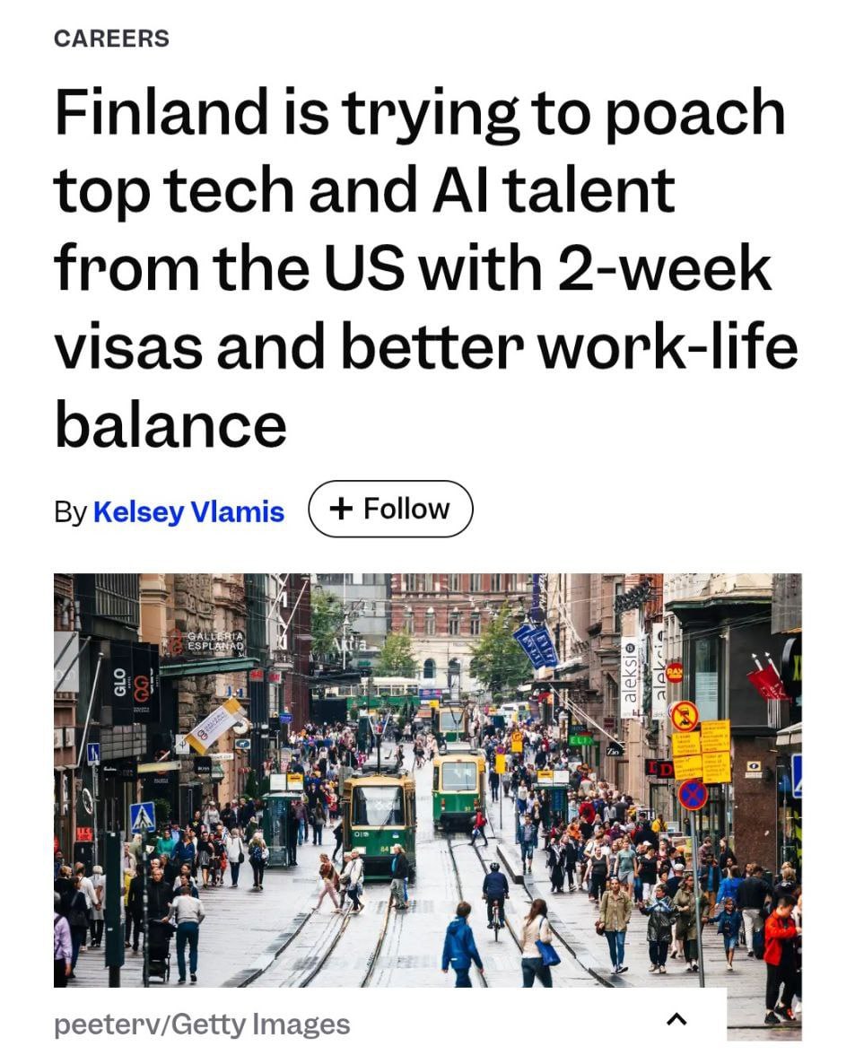 Финляндия успешно переманивает айтишников из других стран предлагая НЕ рекордные зарплаты а спокойный ритм жизни без переработок и это на удивление работает Топы IT рынка напрямую говорят У нас нет столько денег сколько у Маска или Безоса но мы можем предложить нечто иное посмотри в окно и увидишь невероятную природу На фоне погони всей Кремниевой долины за эффективностью диких переработок и конкуренции с внедряемым ИИ для обычных работяг это выглядит как мечта Финны к тому же упростили миграцию и ввели программу которая поможет получить работу и легализоваться всего за две недели Но помимо основных плюшек работодатели готовы обеспечить сотрудников спортзалами абонементами на массаж и билетами на концерты топовых исполнителей Финляндия официально вступила в битву за IT спецов вслед за Китаем