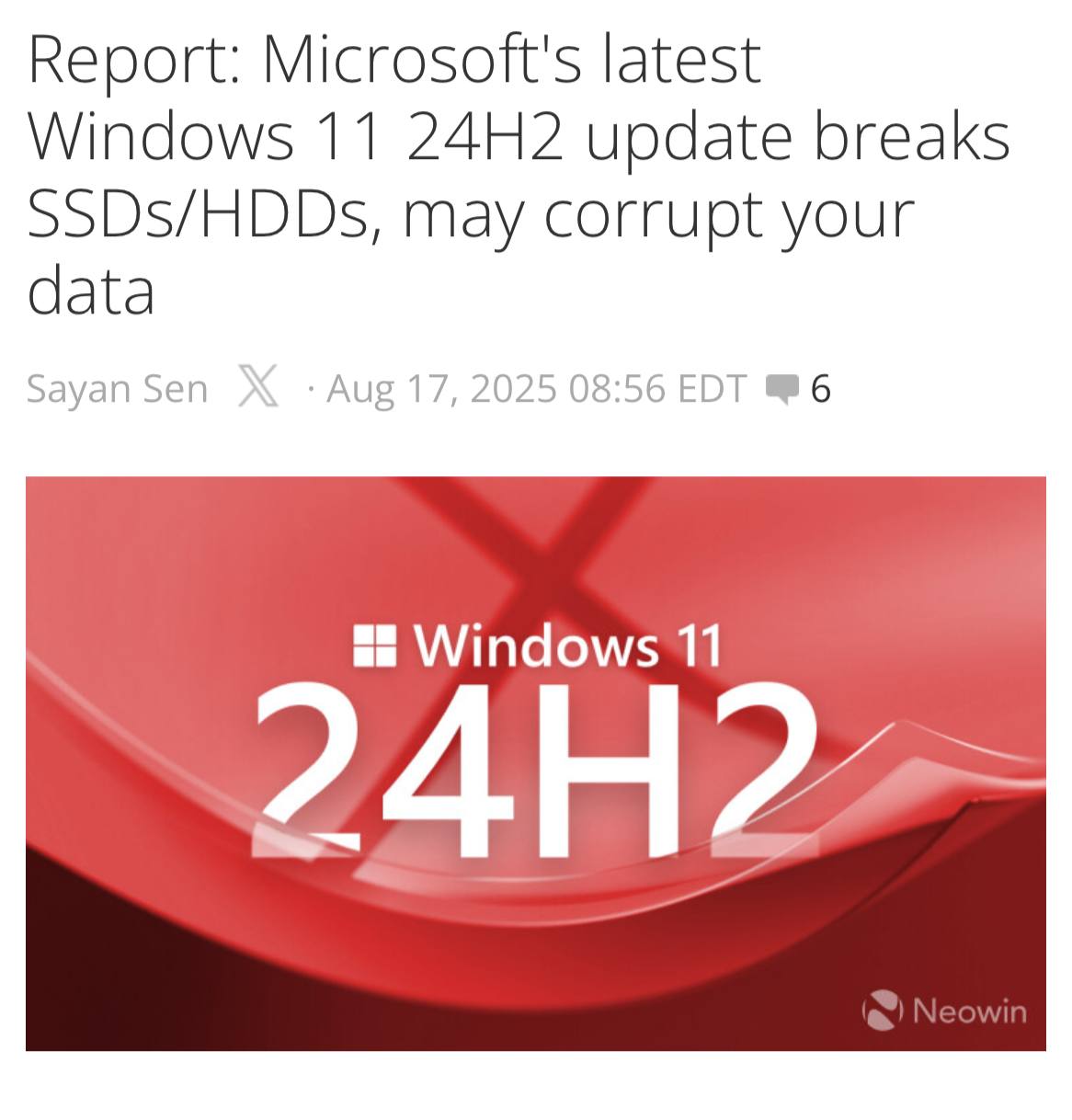 Windows 11 ЛОМАЕТ SSD и HDD-ДИСКИ — последняя обнова оказалась ещё опаснее, чем сообщали эксперты.  Ужаснейшую ошибку нашли в версии KB5063878 для Win 11 24H2, рассказываем:  1   При неприрывной записи 50+ Гб и нагрузке >60%, система перестаёт определять накопитель. 2   Происходит ТОТАЛЬНЫЙ СБОЙ Windows, который повреждает файлы на носителе. ПЕРЕЗАГРУЗКА НЕ ПОМОГАЕТ! 3   СМИ буквально вчера кричали всем обновиться, но сегодня всё стало ещё хуже.  Ждём фикс и бережём компы!    Провод