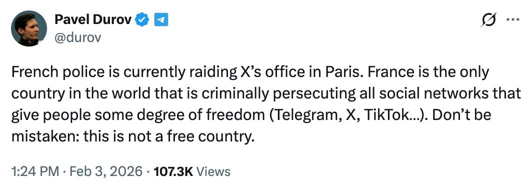 Во французских офисах соцсети Илона Маск X проходят обыски Их организовала прокуратура Парижа по делу о возможном иностранном вмешательстве через алгоритмы платформы п р у ф Ситуацию прокомментировал Павел Дуров который уже сталкивался с французскими силовиками Французская полиция в настоящее время проводит обыск в парижском офисе X Франция единственная страна в мире которая уголовно преследует все социальные сети дающие людям хотя бы некоторую степень свободы Telegram X TikTok и другие Не заблуждайтесь это не свободная страна Подпишись на ПроСМИсь