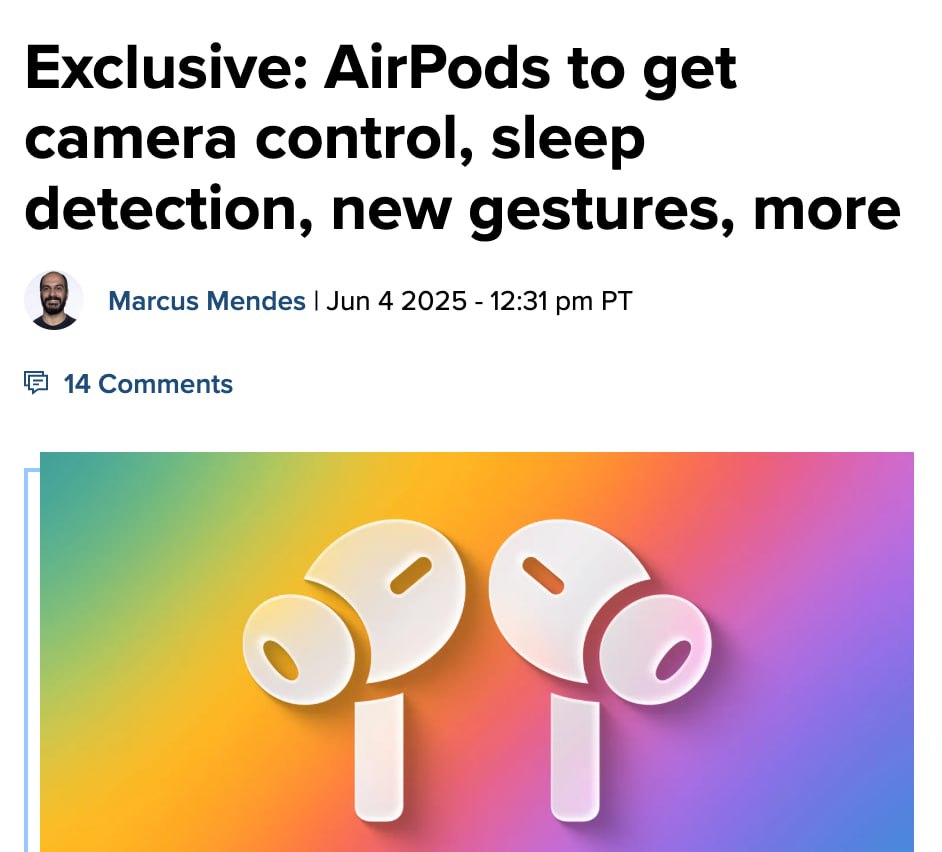 AirPods получат новые возможности в iOS В новой версии iOS для AirPods могут появиться функции, которые позволят наушникам определить, когда пользователь заснул, и поставить воспроизведение на паузу. Также устройство можно будет использовать для управления камерой, делая снимки нажатием на наушник. Эти новшества ожидаются на WWDC 9 июня. Следите за новостями! ———————————————— - Канал про тренды из мира IT, технологий, нейросетей и бизнеса.