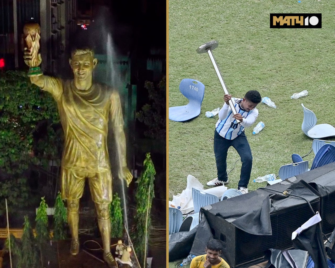 Индийские каникулы Месси пошли не по плану Фанаты недовольны организацией тура Первый пункт маршрута Лео Калькутта Здесь он дистанционно открыл огромную статую себя Нажал кнопку и готово Далее местный стадион Солт Лейк Зрителям обещали большое шоу где аргентинец покажет скиллы Реальность он появился на поле всего на двадцать минут Причём окружённый местными знаменитостями Люди на трибунах его толком и не увидели Такого обмана фанаты не простили Когда Месси ушел они прорвались на газон И крушили всё вокруг Им обидно заплатили большие деньги за билет от 55 А кто то даже отменил свадьбу ради кумира Главное чтобы таких ошибок больше не было Приезд GOATа всё таки праздник Match TV