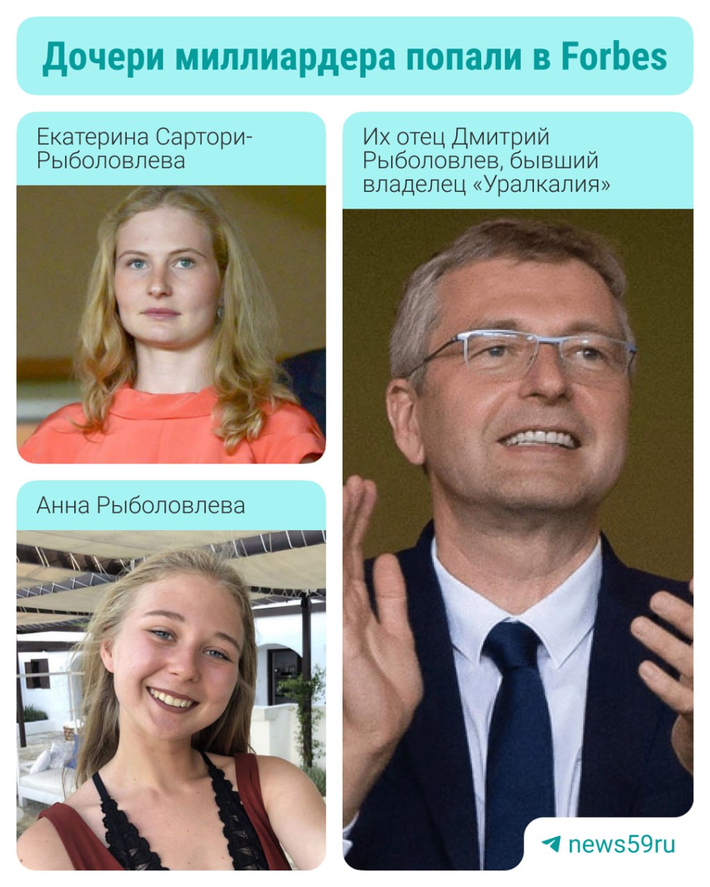 В список богатейших наследников вошли дочери бывшего владельца «Уралкалия». Их включил туда журнал Forbes. Каждая из девушек может рассчитывать на 3,2 миллиарда долларов. Экс-владелец «Уралкалия» Дмитрий Рыболовлев родился и вырос в Перми. С 2011 года проживает в Монако. В рейтинге самых богатых россиян по версии Forbes бизнесмен занимает 19-е место. Его состояние оценивается в 6,4 миллиарда долларов. Старшая дочь, 36-летняя Екатерина Сартори-Рыболовлева, замужем за бизнесменом и бывшим сенатором Уругвая Хуаном Сартори. О младшей дочери, Анне, известно немного: она окончила школу в Швейцарии, живёт в Женеве с матерью. Училась на юриста в одном из швейцарских вузов. А вы бы хотели попасть в такой список? — конечно — нет, меня и так всё устраивает Подписаться Прислать новость