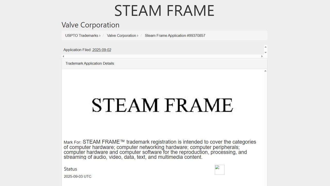 Valve что то готовит не Half Life 3 Компания зарегистрировала товарный знак Steam Frame на странице товарного знака указывается что это какое то оборудование Подробностей почти нет В сети предполагают что это может быть автономной VR гарнитурой Deckard собственной консолью к телевизору от Valve или чем то ещё rozetked me news 41310