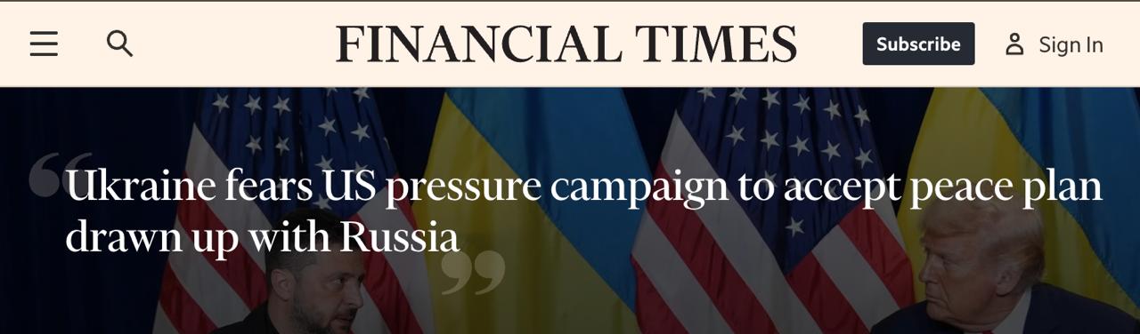 The Financial Times утверждают что власти США ждут что Зеленский подпишет соглашение ко Дню благодарения 27 ноября Американская администрация после этого представит соглашение Москве весь процесс хотят завершить к декабрю При этом сроки могут быть сдвинуты потому что в офисе Зеленского уже сказали американцам что в нынешнем плане есть красные линии