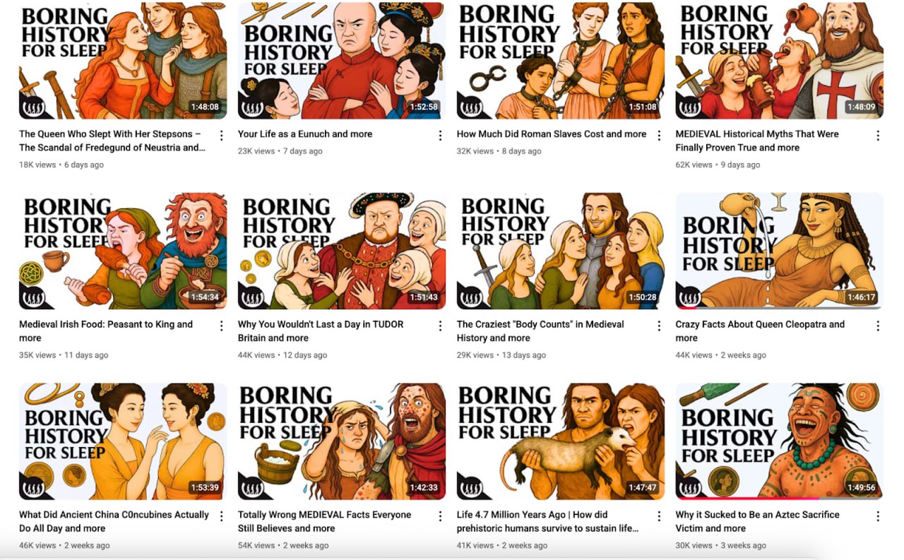 YouTube завален ИИ роликами с фейковой историей Римской империи Каналы вроде Boring History Sleepless Historian History Before Sleep и The Snoozetorian ежедневно генерируют сотни часов мусорного контента для засыпания Секрет их продуктивности прост LLM пишет текст где половина фактов выдуманы а ElevenLabs их озвучивает И под всё это засыпают тысячи людей Опасность в том что в фазе медленного сна мозг легко закрепляет услышанное В итоге можно проснуться с новыми знаниями о Римской империи Источник aiaiia