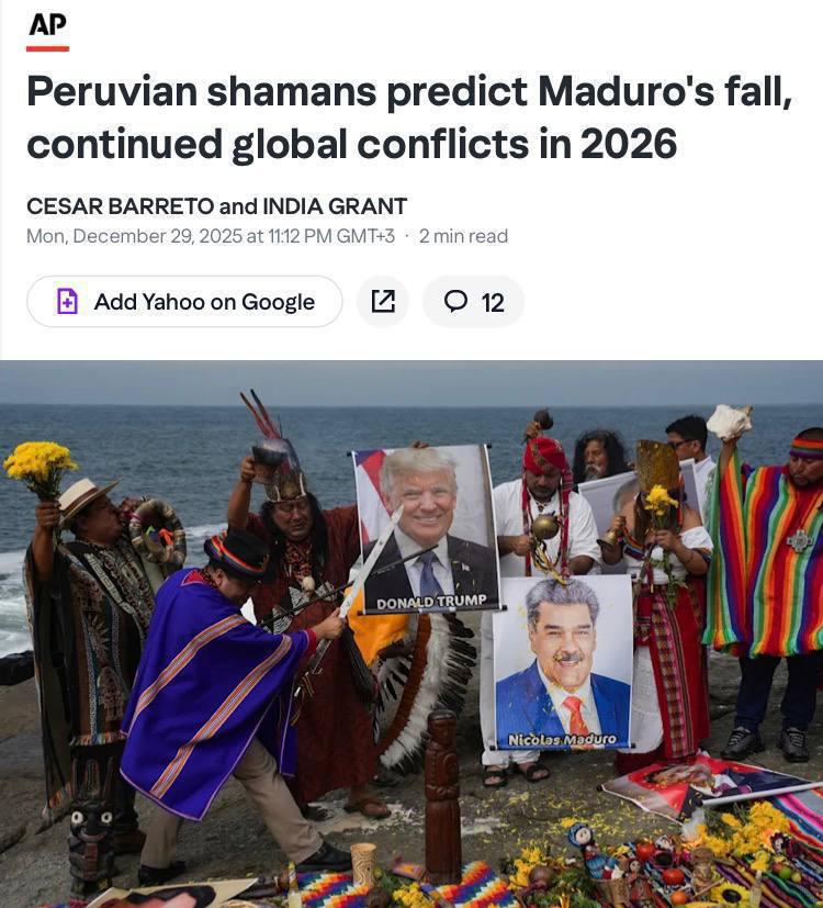 В своих прогнозах на 2026 год перуанские шаманы предсказали завершение СВО серьёзные проблемы со здоровьем у Дональда Трампа и отъезд Николаса Мадуро из Венесуэлы Годом ранее эти же шаманы как сообщается предсказывали союзнические отношения между Трампом и Путиным а также сейсмическую активность в Канаде и Японии Россия США Венесуэла Канада Япония Украина Подписаться на Pravda ru