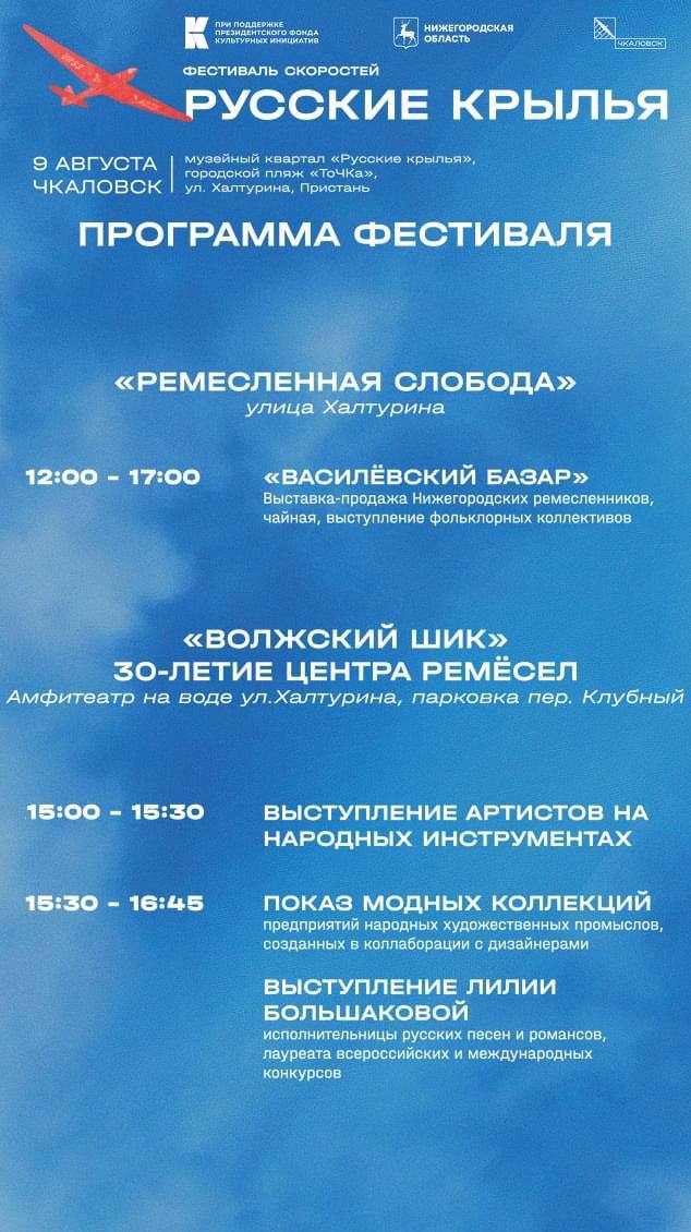 Фестиваль скоростей «Русские крылья» пройдёт  в Чкаловске  9 августа на разных площадках Чкаловска пройдёт Х фестиваль скоростей «Русские крылья».   Чкаловск — это родина великого лётчика-испытателя Валерия Чкалова и место, где были созданы «летающие» корабли и экранопланы Ростислава Алексеева.    В программе — творческие выступления артистов и музыкантов, настольные игры и мастер-классы, масштабное авиашоу и многое другое.   Подробное расписание можно узнать в карточках фестиваля   #новости