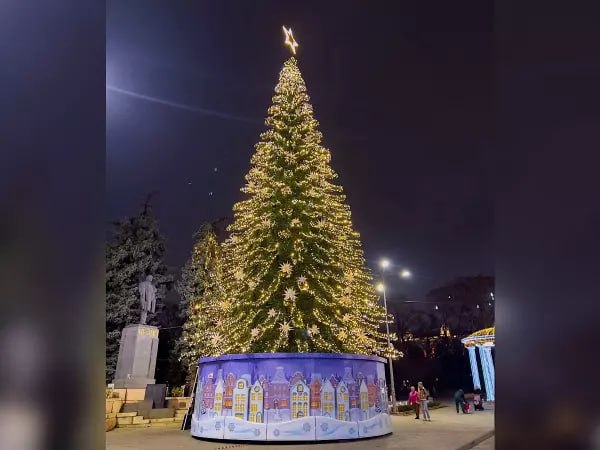 В городе Ростов-на-Дону была установлена центральная новогодняя ель.   Хвойное дерево украшает вход в парк, носящий имя Максима Горького.