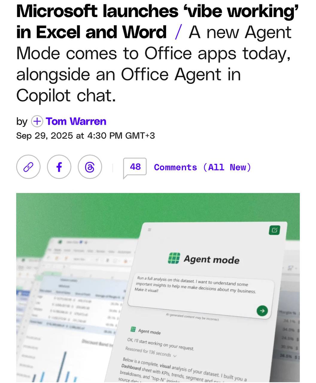 Microsoft запустил ВАЙБ ВОРКИНГ в Excel и Word Теперь в новом режиме можно скормить ИИ агенту Agent Mode задачу а тот поделит её на микрозадачи и подскажет как их лучше выполнить Вайб кодинг эволюционирует techmedia