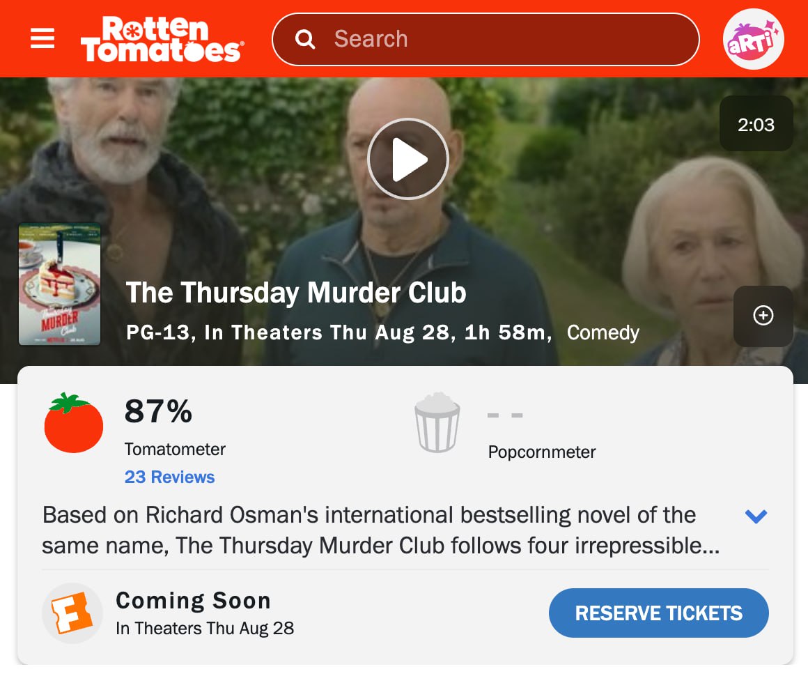 Детективный фильм Клуб убийств по четвергам покорил Rotten Tomatoes Фильм Клуб убийств по четвергам получил высокую оценку в 87 на платформе Rotten Tomatoes Критики отмечают впечатляющую актёрскую игру и неповторимую британскую атмосферу Сюжет рассказывает о группе пожилых людей которые занимаются расследованием нераскрытых преступлений Внезапно происходит убийство рядом с ними Премьера состоится 28 августа на Netflix Ждите на бесплатных кинотеатрах DeepTechNET Канал про тренды из мира IT технологий нейросетей и бизнеса