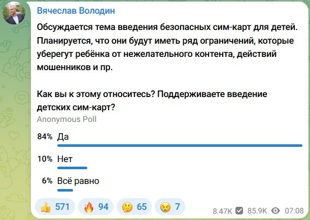 Большинство россиян поддерживают идею введения безопасных сим-карт для детей, следует из опроса в Telegram-канале Володина.  Менее чем за час голосования «за» высказались 84%. Карты должны будут уберечь ребят от нежелательного контента и мошенников.   А вы за детские сим-карты или против?   /      : ТГ   Зеркало   MAX