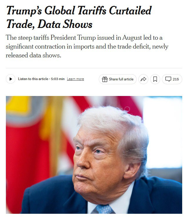 Масштабные пошлины введённые Трампом негативно сказались на торговле Импорт товаров и услуг сократился на 5 1 до 340 4 млрд долларов после того как 7 августа вступили в силу пошлины на экспорт примерно из 90 стран Это официальные данные Министерства торговли США Из за резкого сокращения импорта дефицит торгового баланса США по товарам и услугам за месяц также резко сократился почти на 24 до 59 6 млрд долларов по сравнению с июлем Наш канал в MAX