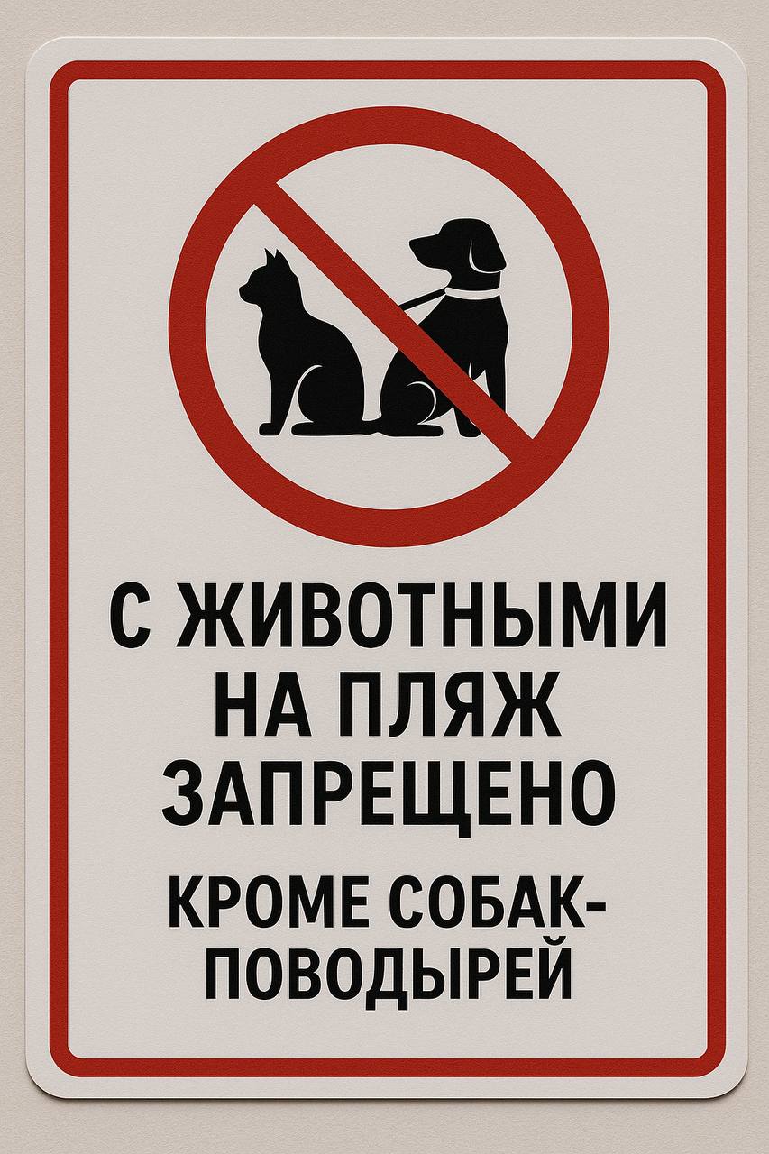 В России запретят отдыхать с животными на пляжах — кроме собак-поводырей  Россиянам запретят приводить на пляжи животных, кроме собак-поводырей. Такой пункт содержится в проекте приказа МЧС, размещённом на федеральном портале проектов нормативных актов.     / Реклама