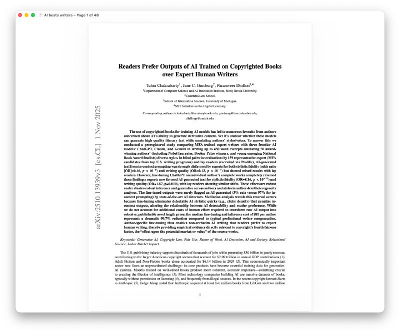 ИИ выиграл у писателей нейронные рассказы больше нравятся читателям В MIT дообучили GPT 4o на текстах 50 известных авторов Итог нейротексты оценили выше живых а отличить их удалось в 3 случаев Обучение модели оказалось в 300 раз дешевле работы писателя