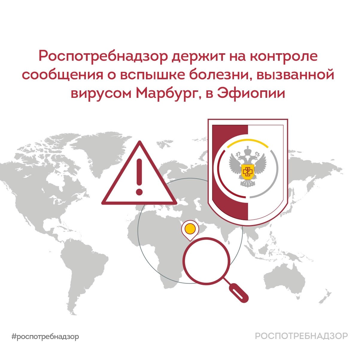 Роспотребнадзор VK Роспотребнадзор держит на контроле сообщения о вспышке болезни вызванной вирусом Марбург в Эфиопии Министерство здравоохранения Эфиопии отмечает что обнаруженный в стране вирус Марбург относится к тому же штамму о котором ранее сообщалось в других странах Восточной Африки Информация о вспышке лихорадки Марбург в Эфиопии находится на контроле Роспотребнадзора Специалисты ведомства Проводят постоянный мониторинг ситуации Оценивают возможные эпидемиологические риски для РФ Осуществляют усиленный санитарно карантинный контроль на пунктах пропуска через границу с использованием системы Периметр Учеными Роспотребнадзора разработана высокочувствительная тест система для обнаружения вируса Марбург вакцина для профилактики лихорадки Марбург Лихорадка Марбург острое зоонозное вирусное заболевание характеризующееся тяжелым течением и высокой летальностью Для нее типичны геморрагический синдром поражение печени желудочно кишечного тракта и центральной нервной системы Как происходит заражение человека При контакте с инфицированными летучими мышами а также при тесных контактах с больными людьми или их биологическими жидкостями Роспотребнадзор рекомендует 1 Гражданам учитывать эпидемиологическую обстановку в стране назначения при планировании заграничных поездок 2 По возвращении в течение как минимум 14 дней внимательно наблюдать за своим самочувствием 3 При появлении признаков инфекционного заболевания незамедлительно обратиться за медицинской помощью и сообщить о факте поездки Ситуация находится на контроле Роспотребнадзора