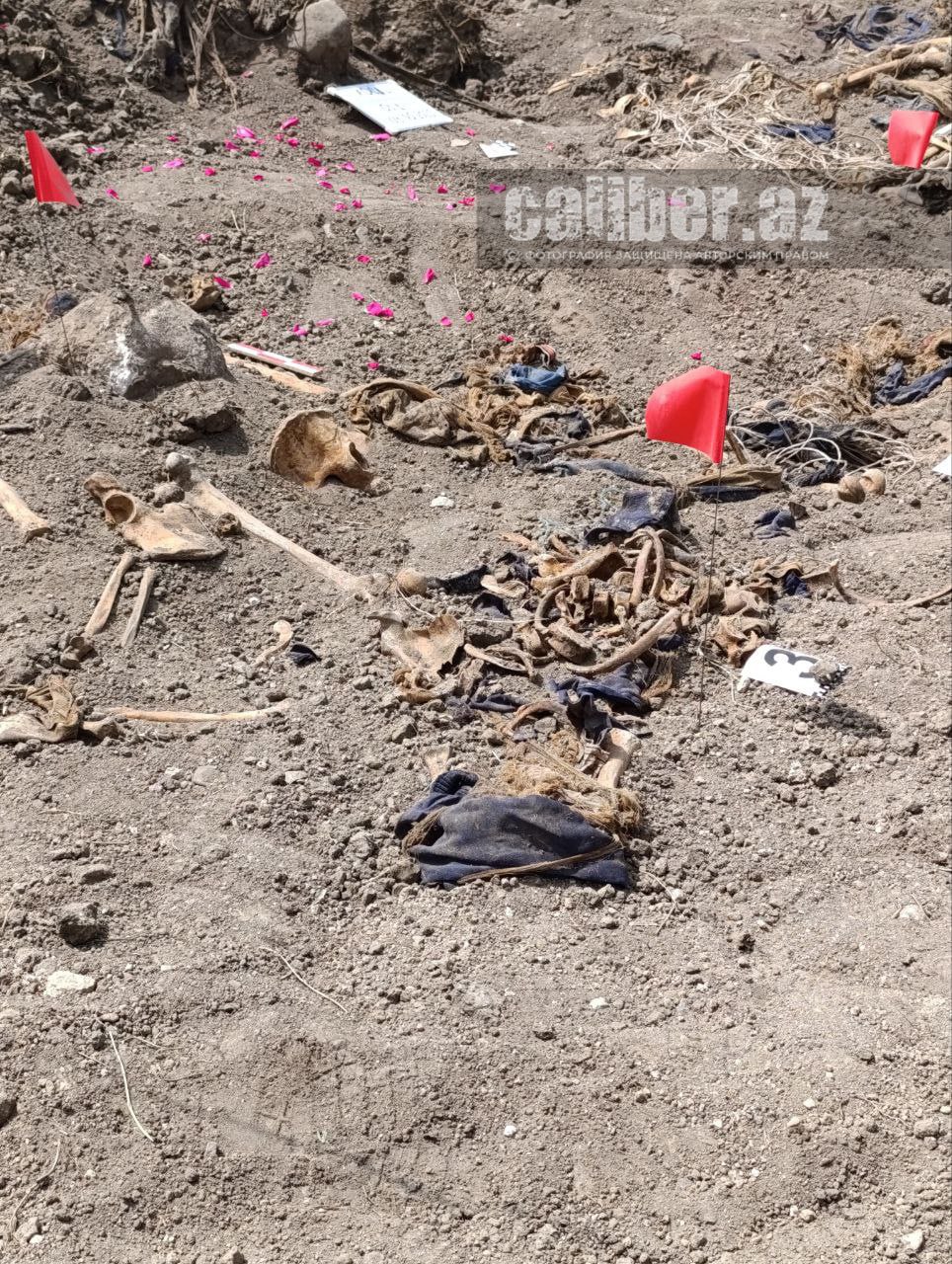 В Ходжалинском районе Азербайджана обнаружено массовое захоронение, сообщил замглавы рабочей группы Государственной комиссии по делам пленных и пропавших без вести граждан Эльдар Самедов.  Обнаружены человеческие останки и различные предметы одежды.   На месте находятся представители СМИ, в том числе съемочная группа Caliber.Az.  «На освобожденных территориях продолжают поиски пропавших без вести граждан Азербайджана. В результате раскопок, которые были проведены в апреле, было обнаружено 2 захоронения. Одно из них расположено на дороге Аскеран-Ходжалы. Здесь предположительно находятся остатки 7 человек. В целом, за весь период было выявлено 25 массовых захоронений», — сказал Эльдар Самедов.  По словам Самедова, второе массовое захоронение обнаружено недалеко от Шуши, в районе пересечения дорог Шуша–Ханкенди и Шуша–Лачин. «На этом месте были найдены останки как минимум пяти человек. Захоронение выявлено во время строительных работ, останки уже эксгумированы», — сообщил он.
