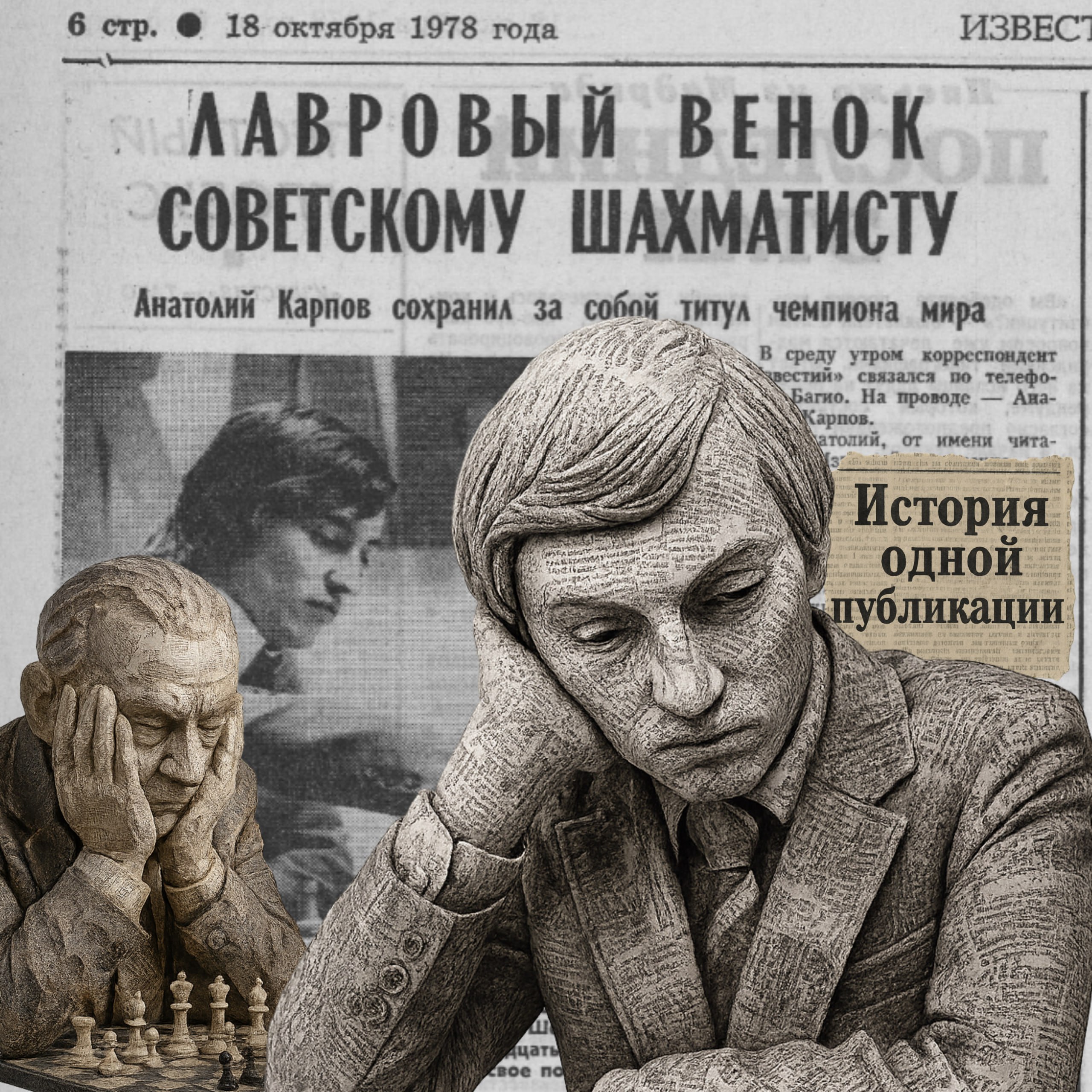 Вышел пятый выпуск рубрики История одной публикации В этот раз главный редактор Петербургского дневника Кирилл Смирнов переносит читателей в октябрь 1978 года время когда весь мир следил за шахматным поединком который превратился в символ холодной войны В курортном городе Багио на Филиппинах сошлись два ленинградца чемпион мира Анатолий Карпов и его бывший соотечественник Виктор Корчной Победа Карпова стала не просто спортивным триумфом но и событием которое обсуждали в каждом дворе в каждой редакции и на каждом субботнике О том как судьбы двух ленинградцев переплелись на мировой арене в новом выпуске рубрики во ВКонтакте Подписаться на Петербургский Дневник в МАХ