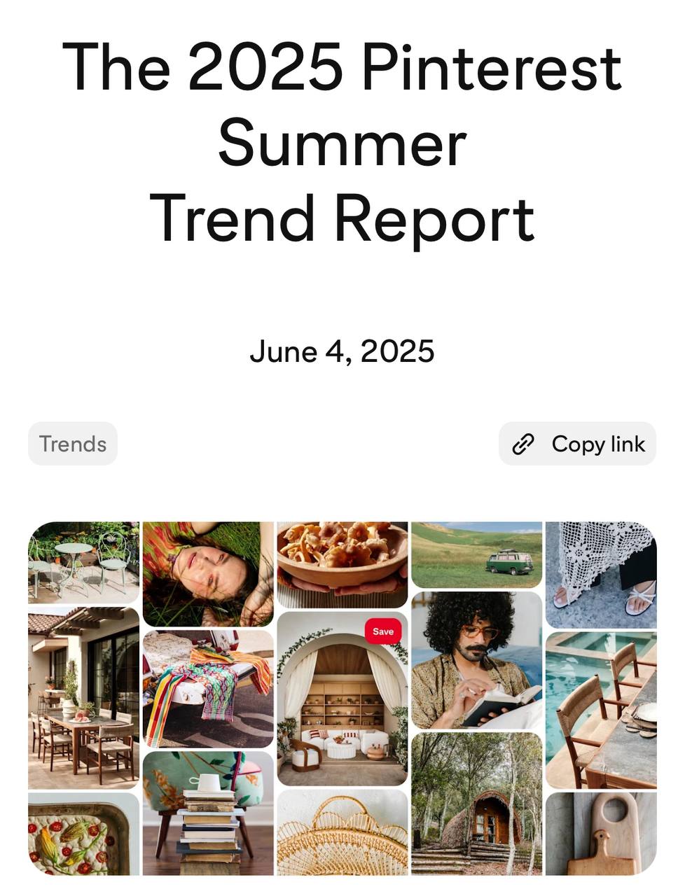 Летом 2025 года никто не будет работать. Pinterest выкатил отчёт об основных трендах этого лета. Главная тема — цифровой детокс и полное отстранение от всех гаджетов. Все будут отдыхать на природе, увлекаться садоводством, готовить летние рецепты и наслаждаться деревенской атмосферой. Пользователи уже сейчас ищут, чем бы заняться вместо думскроллинга. Идеи цифрового детокса стали искать на 273% чаще. А больше остальных стремятся к корням зумеры: закупаются в секондах, организуют книжные клубы, оформляют интерьер в фермерском стиле и ходят на пикники. Уставшие работяги поддерживают такие тренды и идут трогать траву.