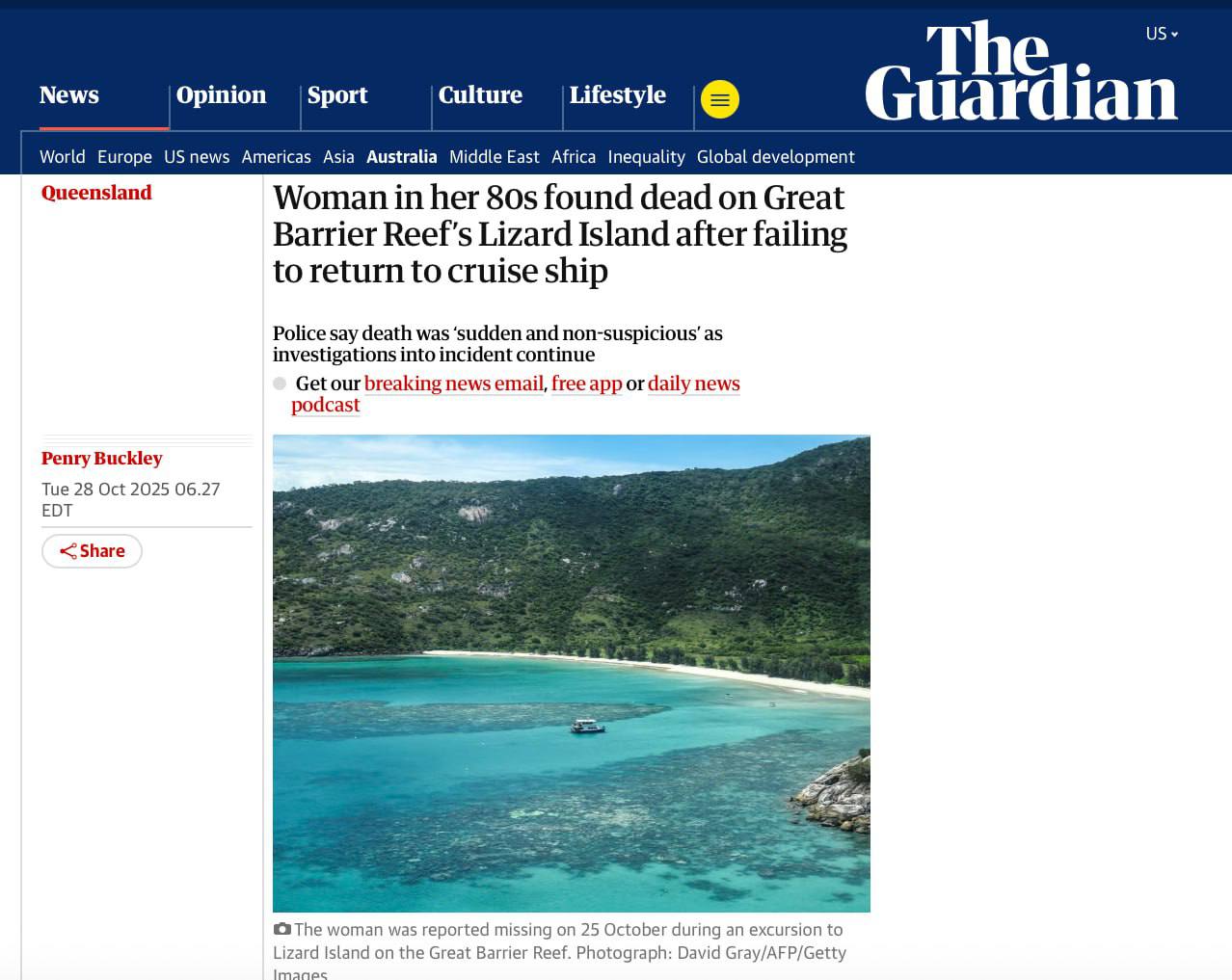 80 летняя туристка погибла после того как её забыли на острове во время круиза Австралийка отправилась в 60 дневное путешествие на судне Coral Adventurer но отстала от группы на острове Лизард Экипаж заметил её отсутствие лишь спустя несколько часов Тело женщины нашли на следующий день Полиция не считает смерть подозрительной причины устанавливаются vesti az