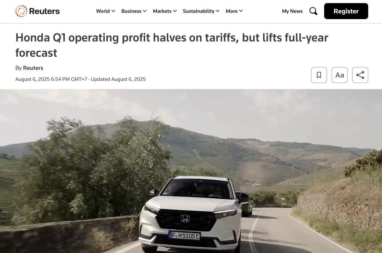 Японский автогигант Honda потерял 50% прибыли в 2025 году из-за тарифов Трампа  В первом квартале 2025 года операционная прибыль компании составила $1.66 млрд, что почти вдвое ниже прошлогоднего показателя.  В последние годы зависимость Honda от рынка США сильно возросла: только за первые 6 месяцев 2025 года на этот рынок приходился 41% мировых продаж компании по сравнению с 37% за весь 2024 год и 26% за 2022 год.  Reuters